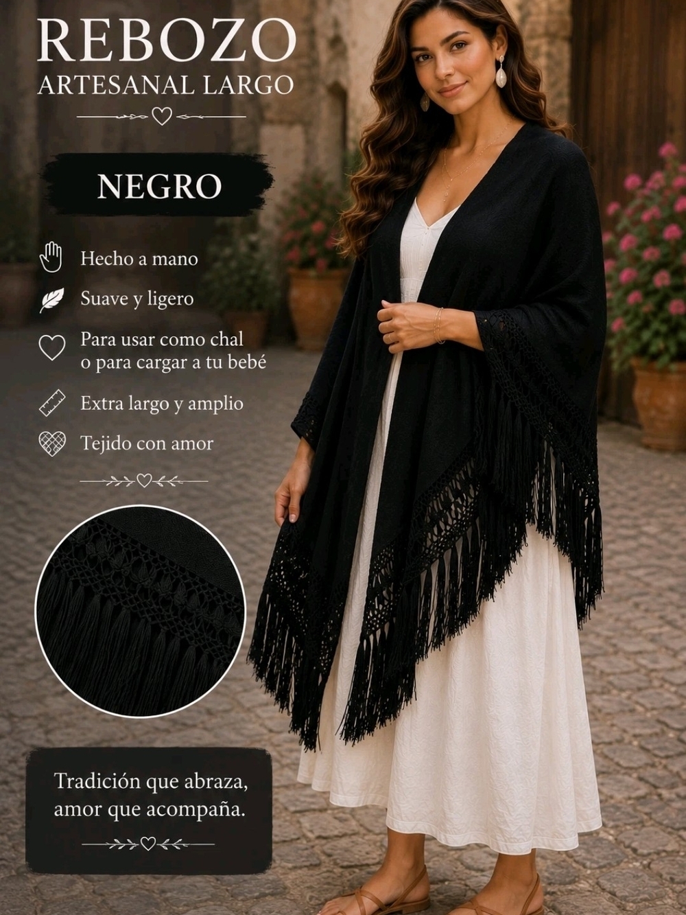 Rebozo Artesanal Largo - Negro